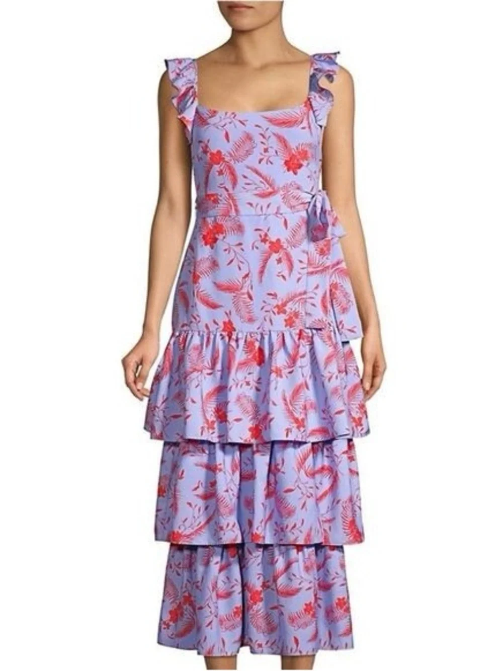 Likely Juno Lavender Tiered Ruffled Midi Dress w Bright Red Floral Design - Picture 8 of 10